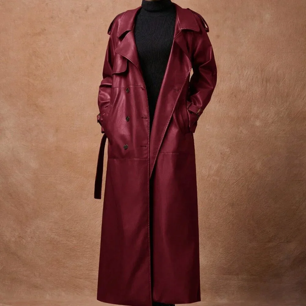 Burgundy Elegant Women's Lapel faux leather belted Long trench Coat - Picture 3 of 8